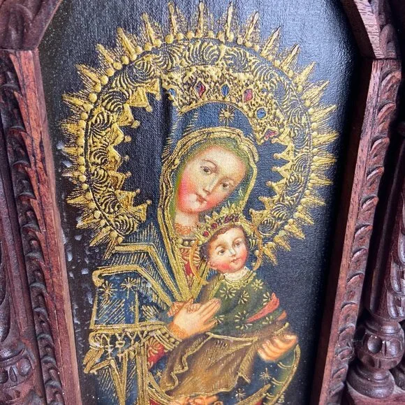 Vintage Religious Old Icona Virgin Mary & Baby Jesus Framed Picture - Picture 2 of 16